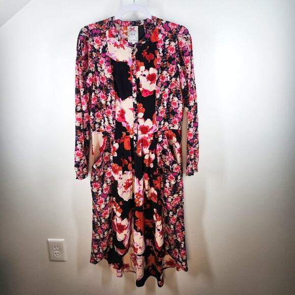 Yoana Baraschi Pink Floral Long Sleeve Shirt Dress Size 8 Pleated Button Front - Picture 1 of 7